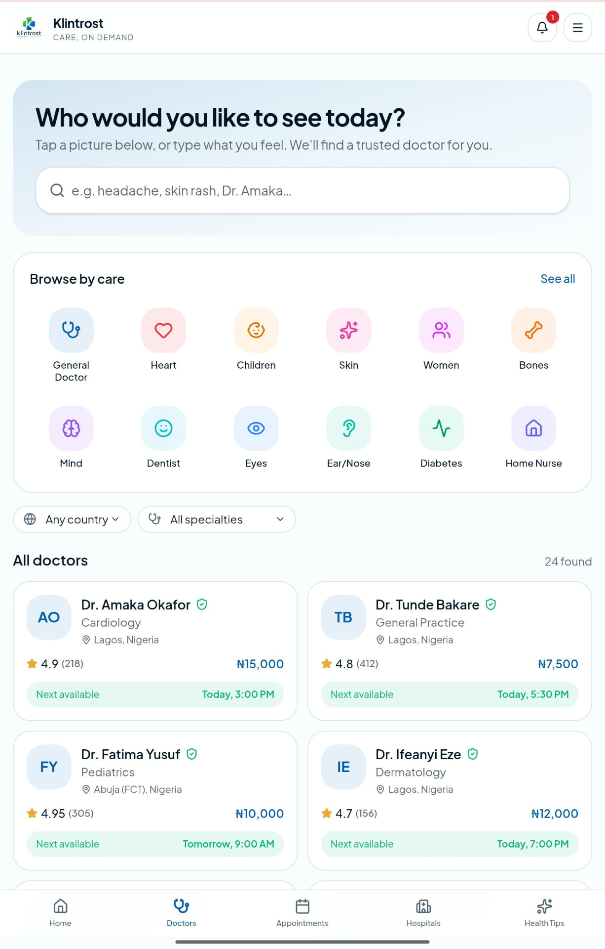 KlinTrost app doctors screen showing verified doctors and specialties