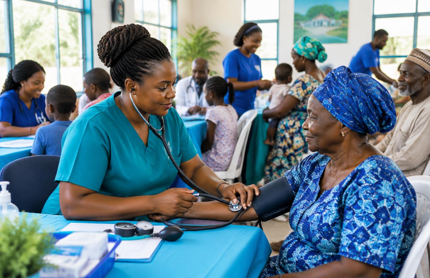 Nigerian nurse checking a woman's blood pressure during a community health outreach