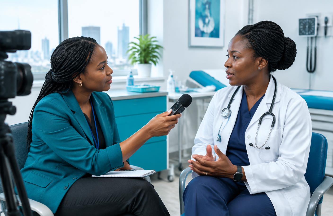 Nigerian health journalist interviewing a doctor in a clinic