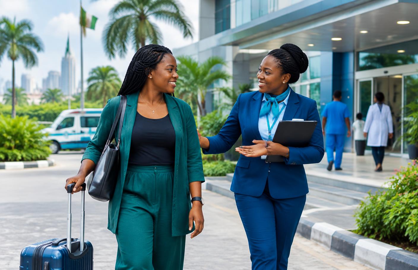 Medical concierge welcoming a Nigerian patient outside a modern hospital